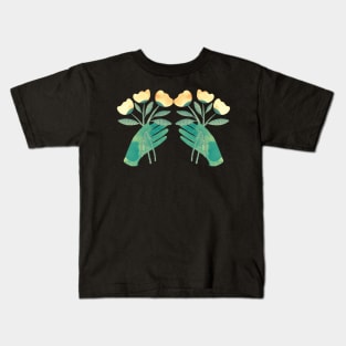 Green hands with yellow flowers for you on black background Kids T-Shirt